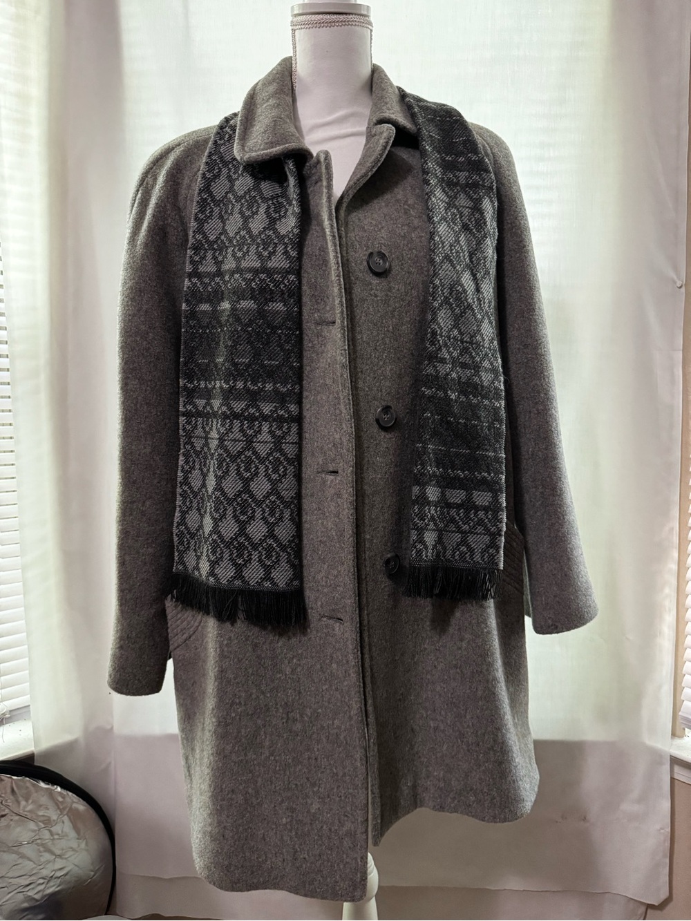 London Fog Women's Gray Wool-Blend Pea Coat with Patterned Scarf